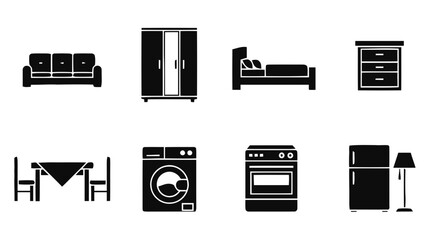 Vector illustration of black silhouette home furniture and appliances icons set, on transparent background