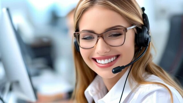 Empathy in Communication: A focused professional, wearing glasses and a headset, delivers attentive and friendly customer service with a warm, genuine smile.