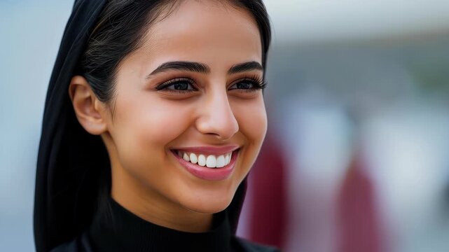 Smiling Beauty: A close-up portrait showcases the genuine smile of a beautiful individual, highlighting her radiant features, natural grace, and inherent poise.
