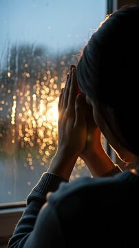 Thoughtful Young Woman Contemplating Life While Watching Rain Through Window at Dusk