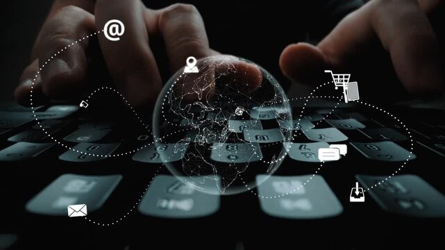 Visualization of global digital communication and online across multiple platforms, including global network, digital network, communication network, and online network. Marrow
