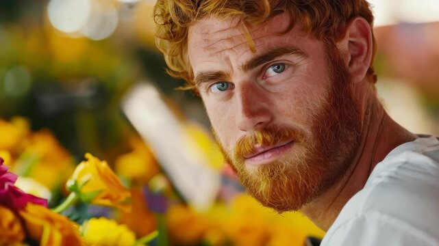 Man Contemplating Floral Beauty: A man, sporting vibrant red hair and a matching beard, is captivated by the assortment of vibrant blooms. Captured is his contemplative gaze.