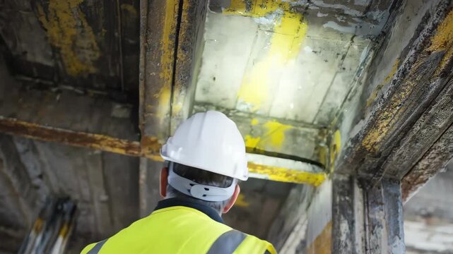 Medium shot of engineer holding an ultrasound probe against a structural beam to detect internal flaws in construction materials