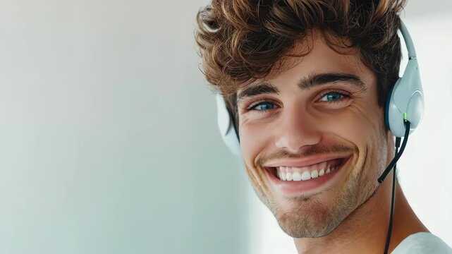 Smiling with Headphones: A young man with vibrant eyes beams a warm, inviting smile while wearing a sleek headset. Reflecting joy and connection.