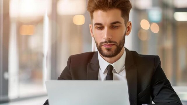 Focused Professional: A handsome businessman in a sharp suit works attentively on his laptop, embodying the modern workspace with dedication.