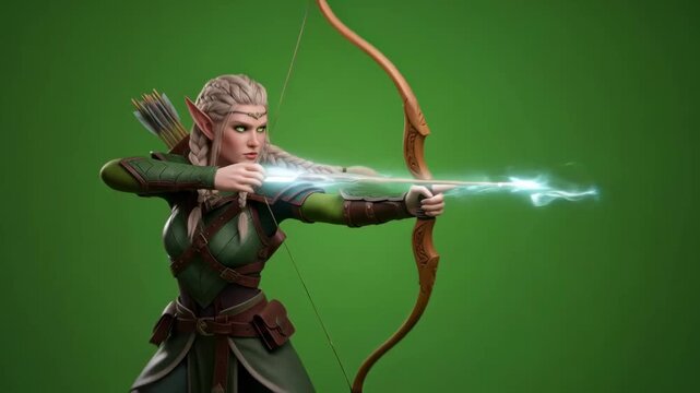Elf woman archer drawing a bow and then shooting an arrow, a magical arrow effect for chromakey