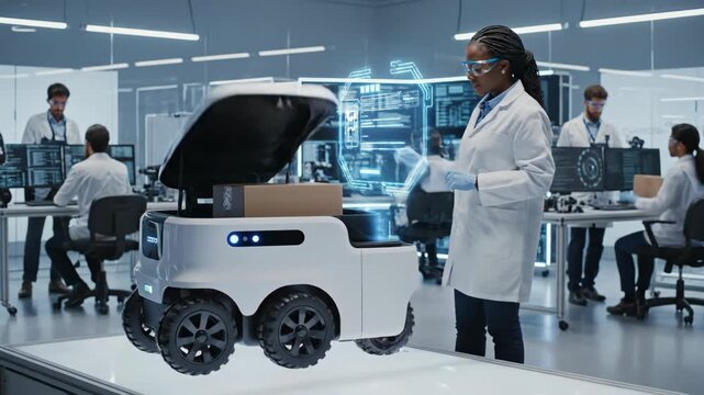 Scientist Loads Box Into Autonomous Robotic Delivery Vehicle In Modern Research Laboratory