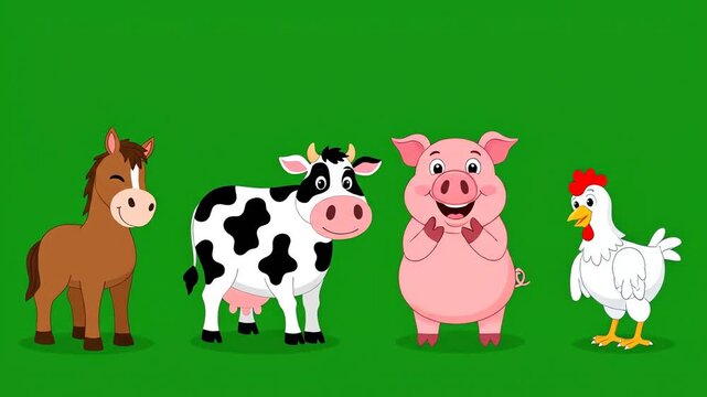 A cute vector cartoon illustration of four cheerful farm animals&mdash;a horse, cow, pig, and chicken&mdash;standing together isolated on a bright green screen background.