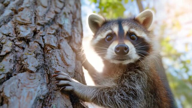 Curious Raccoon Climbing a Tree: A charming raccoon with inquisitive eyes climbs a textured tree, its paws gripping the bark. A captivating glimpse of nature's beauty