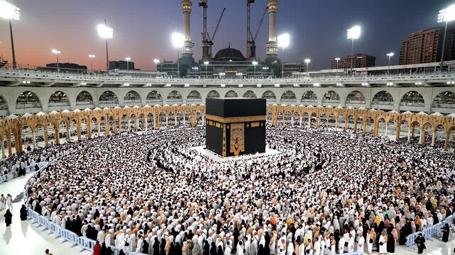 A wide-angle shot captures the massive crowd of muslim pilgrims performing the spiritual tawaf around the sacred kaaba, dramatically illuminated in golden light at the masjid al-haram in mecca.