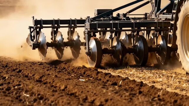 Medium shot capturing a large cultivator in action on expansive farmland showcasing efficient soil preparation for leasing clients.