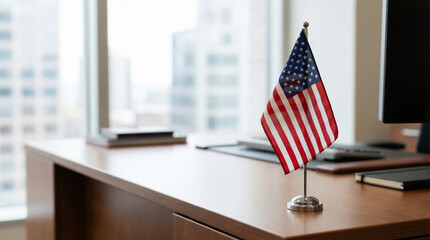 Patriotic Symbol of Governance Miniature American Flag Displayed on a Professional Office Desk with Cityscape View