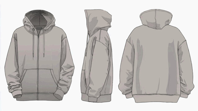 A detailed illustration of a gray hoodie showcasing front, side, and back views.