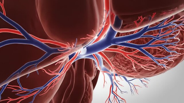 This scientific 3d rendering highlights the complex, deep red vascular system of the human liver, detailing the branching arteries and blue veins.