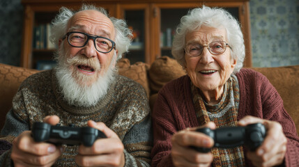 Elderly caucasian couple enjoying video games together on a cozy couch with joyful expressions and game controllers in hands