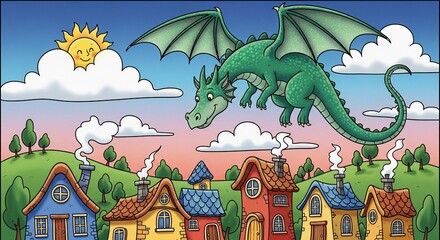 Whimsical Green Dragon Flying Over Charming Village and Sunny Clouds