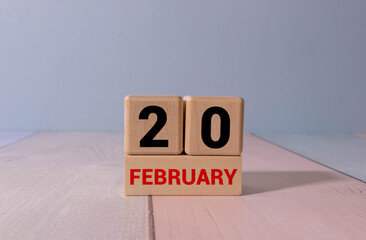 Minimalist white wooden block perpetual calendar displaying FEBRUARY 20
