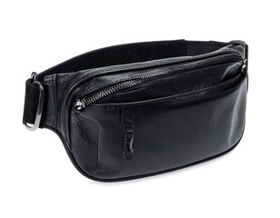 Naklejka premium Black Leather Fanny Pack on White Background.