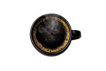 Steaming hot black coffee cup viewed from top, with rich crema and rising smoke, hot beverage, transparent background