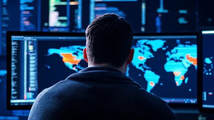 Tech Analyst Scrutinizing Data: A concentrated analyst studies a vibrant world map displayed on a bank of monitors, with an aura of vigilance. - Powered by Adobe