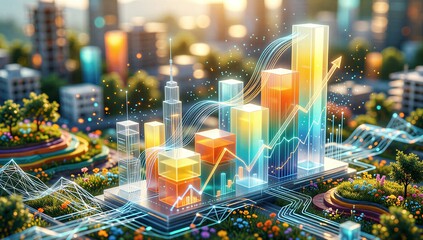 futuristic cityscape with glowing data charts, vibrant gardens, and digital networks intertwining nature and tech.