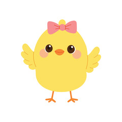 Chick with pink bow. Cute chicken character for Easter and kids design. Flat vector illustration isolated on white background.