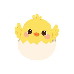 Cute baby chick inside eggshell with wings. Sweet Easter chicken character hatching. Flat vector illustration isolated on white background.