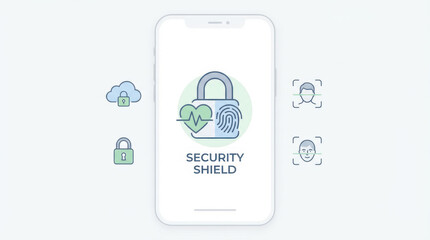 Security shield icon analytics behaviorcustomer data user concept mobile screen lock fingerprint heart cloud face scan privacy protection trust Concept of user behavior tracking