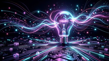 Neon lightbulb glowing above circuit board, vibrant data streams swirling in futuristic digital space.