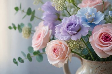 Bouquet of soft pastel roses, delicate eustoma, and blue blooms arranged with eucalyptus, embodying tranquility and natural beauty