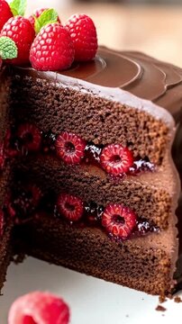 A luxurious slice of chocolate layer cake reveals its rich, dark sponge tiers generously filled with sweet raspberry preserve and fresh, whole raspberries. The cake is lavishly topped with a glossy ch
