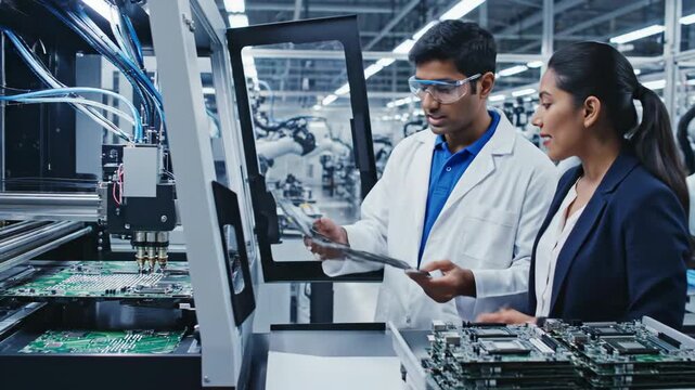 Two Engineers Inspecting Circuit Boards in a Modern Factory with Robotic Arms in Background