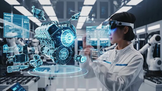 Woman Interacting With Holographic Engine Model In Futuristic Factory Setting