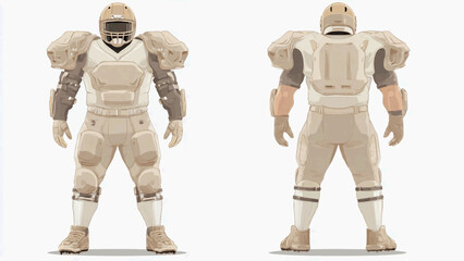 A futuristic robot stands and faces away in a neutral beige spacesuit.