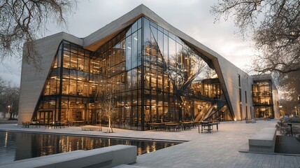 Modern glass building with outdoor seating