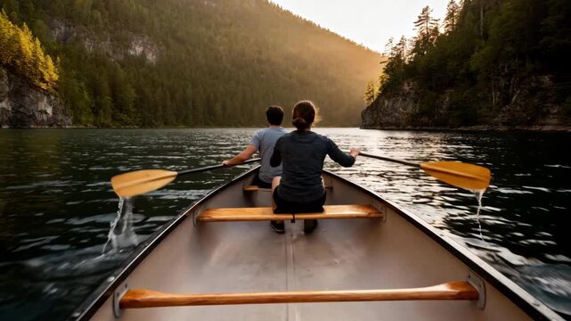 A tandem paddle boat rental with two people working in sync exploring hidden coves and enjoying the tranquility of a secluded lake.