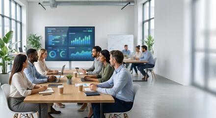 Business team meeting around table in modern office with screen display