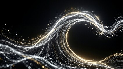 Golden and white light particles swirl in elegant curves against a deep black background.