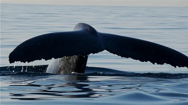 Large humpback whale tail fluke dipping into calm ocean water with droplets falling from it representing marine life