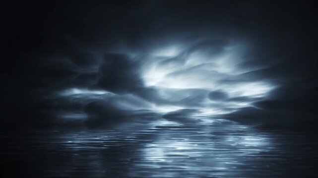 Silver Blue Lagoon Moonlit Night 4K Loop features blueish silver reflective water rippling toward the viewer like liquid metal with clouds billowing on the horizon with beams of white light shining th