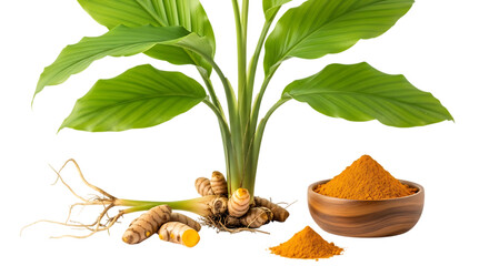 A vibrant turmeric plant with roots and powder on transparent background