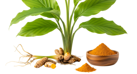 A vibrant turmeric plant with roots and powder on transparent background
