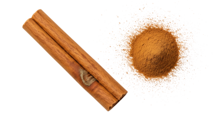 Cinnamon sticks and powder on a black background with transparent background