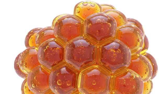 Honeycomb structure with amber liquid and bubbles - Powered by Adobe