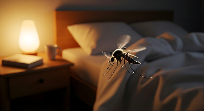 Close-up mosquito flying in warm dimly lit bedroom with white bed sheets glowing lamp wooden nightstand and scattered objects creating intimate cozy nighttime atmosphere highlighting indoor insect nui