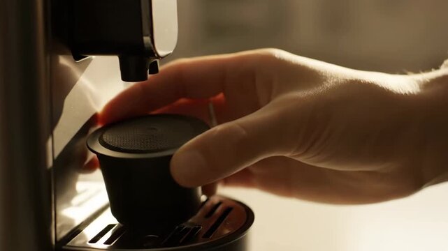 Close-up of a hand inserting a coffee capsule into a modern coffee machine, preparing a fresh cup of espresso.