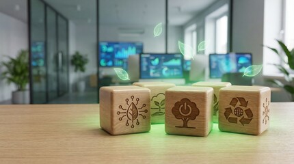 Wooden blocks with digital and eco-friendly symbols representing green digital transformation