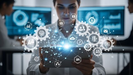Woman interacting with futuristic tablet, surrounded by glowing digital network and data icons, representing business technology, AI, and global connectivity.
