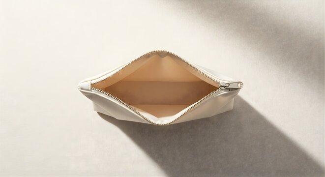 An overhead shot of an empty open white cosmetic pouch with a golden zipper lying on a textured light beige surface casting a distinct shadow on the right side of the image