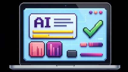 Pixel art laptop displays AI interface with charts, checkmark and colorful data blocks.